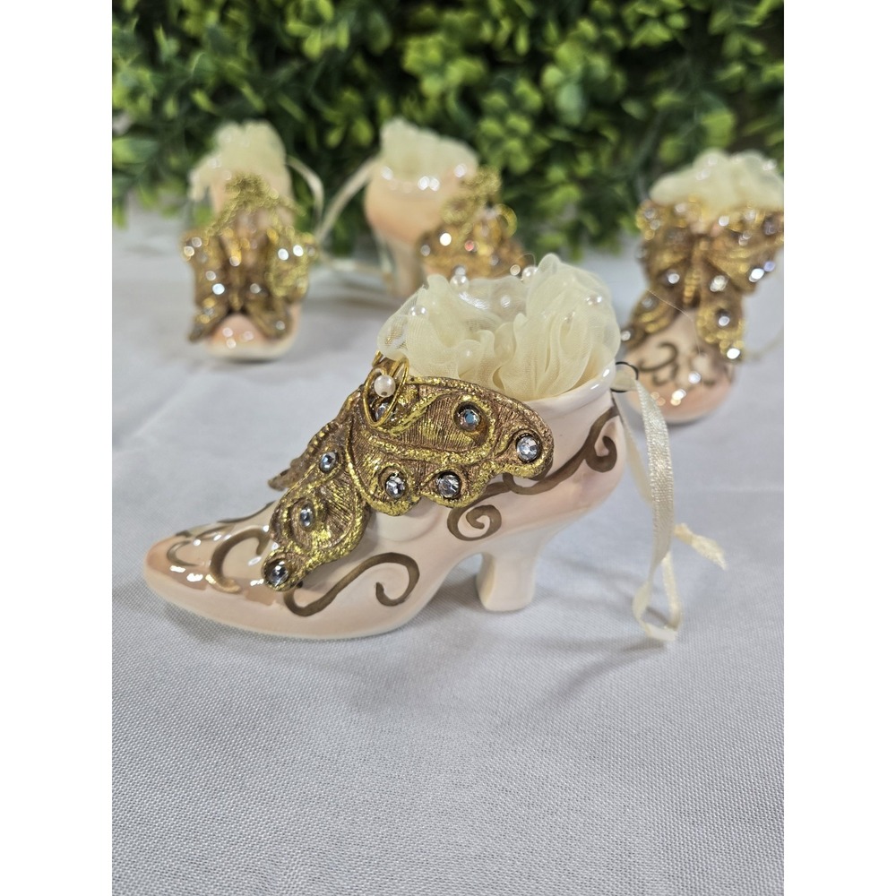 Victorian Shoes Ornament High Heels Porcelain Lot of 4 Pair Gold Cream